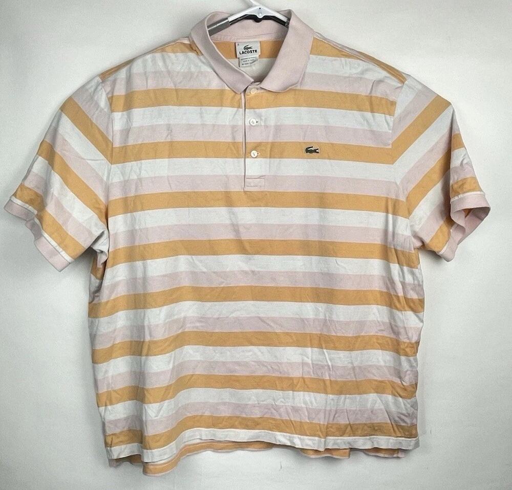 Lacoste Mens Polo Shirt Size 9 XXL Yellow Orange Striped Cotton Short Sleeve